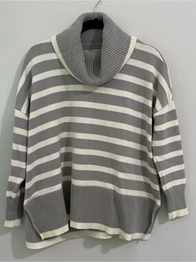 LOFT Gray & White Striped Cowl Neck Oversized Sweater - Small
